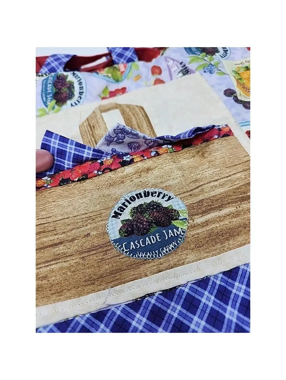 Handmade Tote Bag with Fruit Print and Blue Plaid Northwest Berries